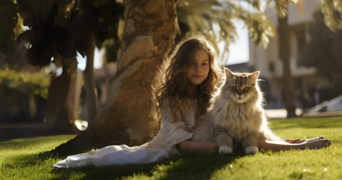 Girl and a cat sitting on the grass | Cat insurance page - Knose