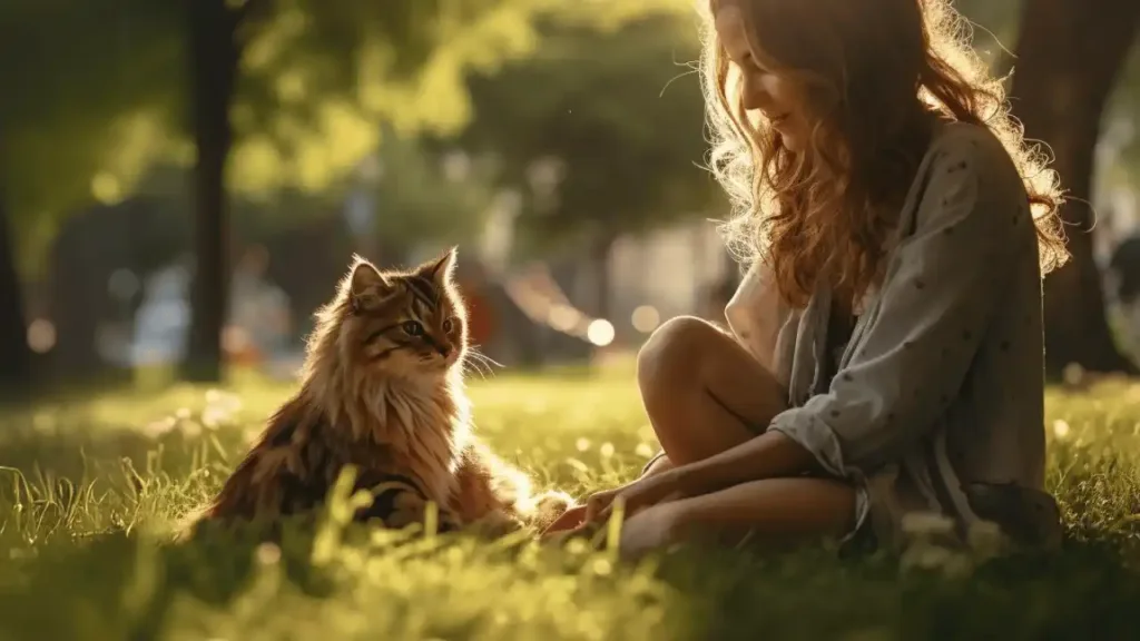 a girl and a cat sitting on the park grass - knose cat insurance