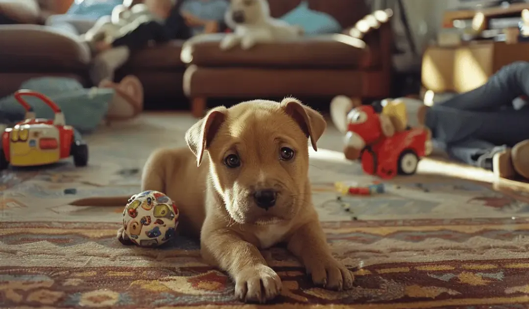 A puppy playing with toys in the living room