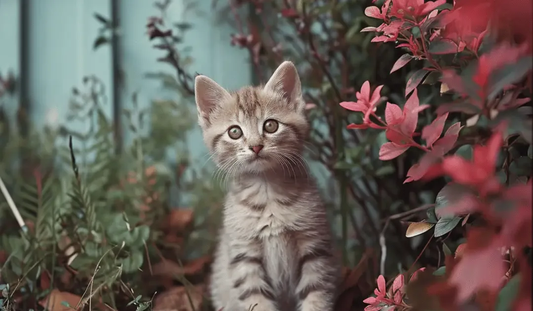 Domestic shorthair kitten sitting beside the plants - Knose breeder partner