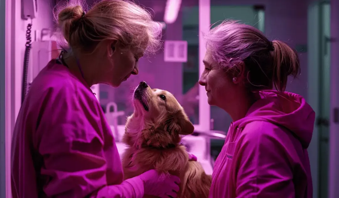 Two female vets and a dog receiving vet care - Knose